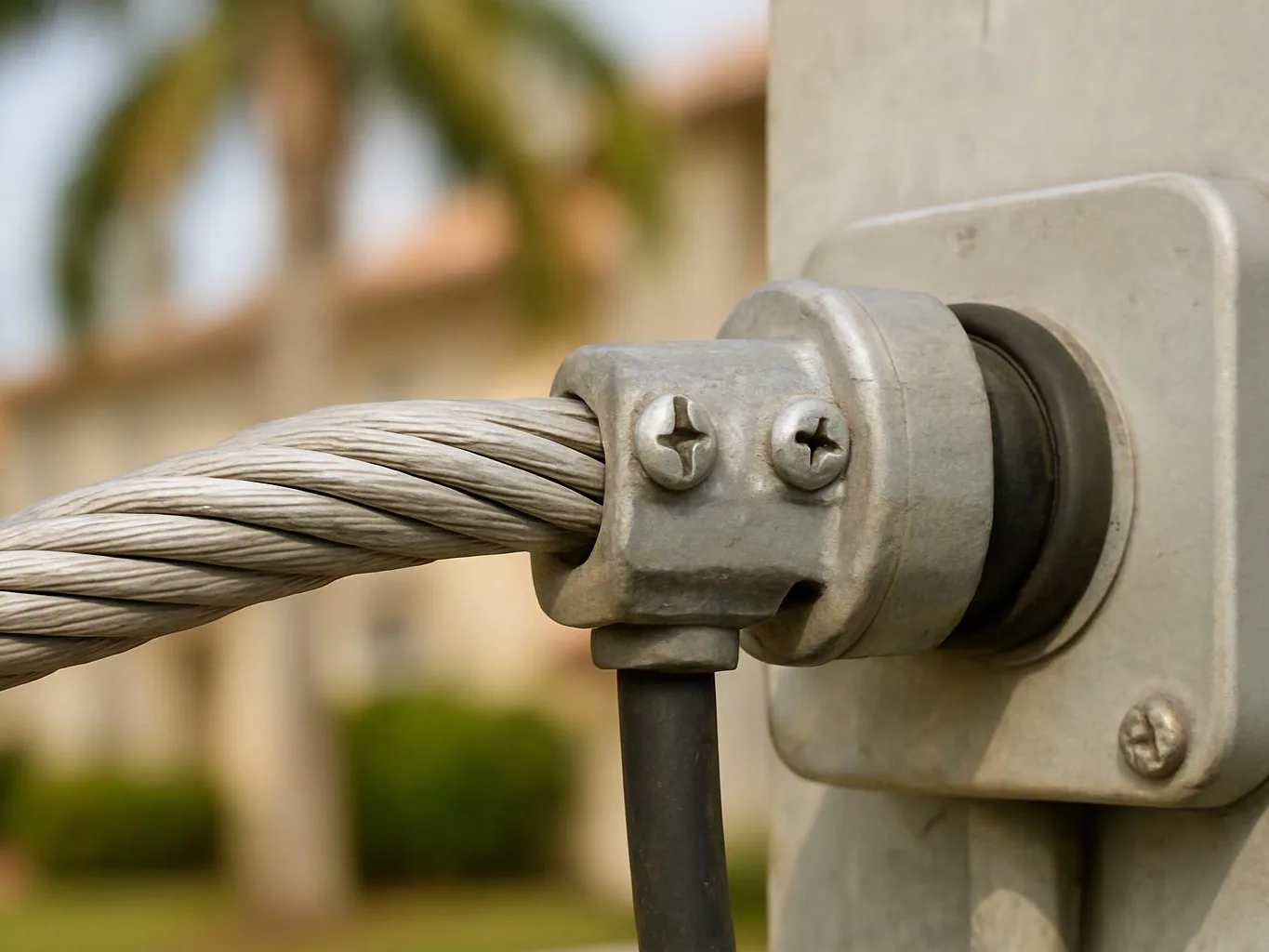 A close-up shows a steel cable secured by a metal clamp to a gray post outdoors