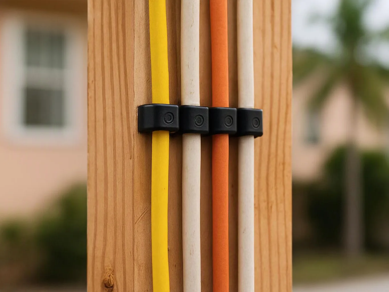 Colored cables run down a wooden post, held in place by black clips outdoors