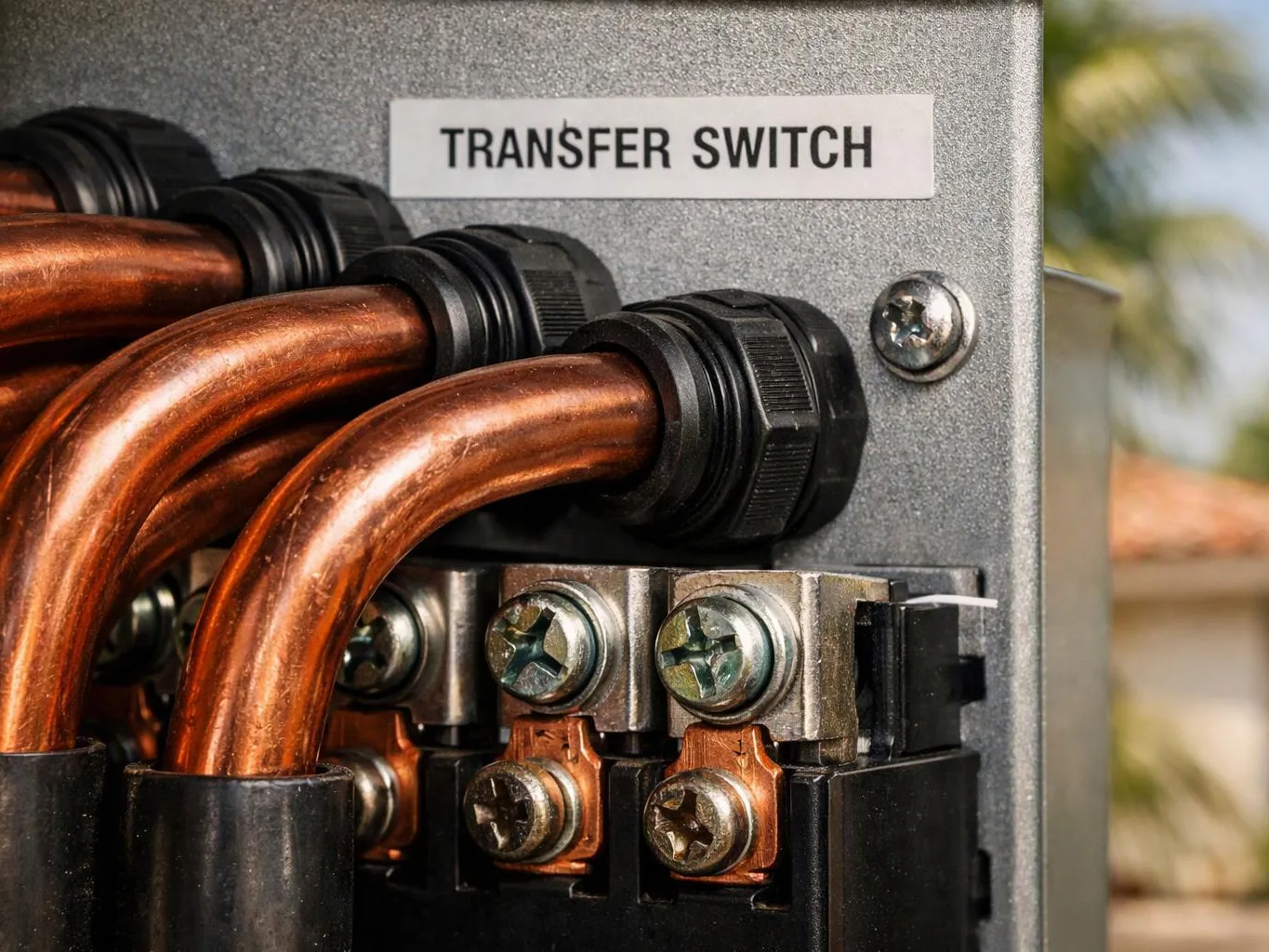 Copper cables connect to a metal electrical panel labeled “TRANSFER SWITCH”