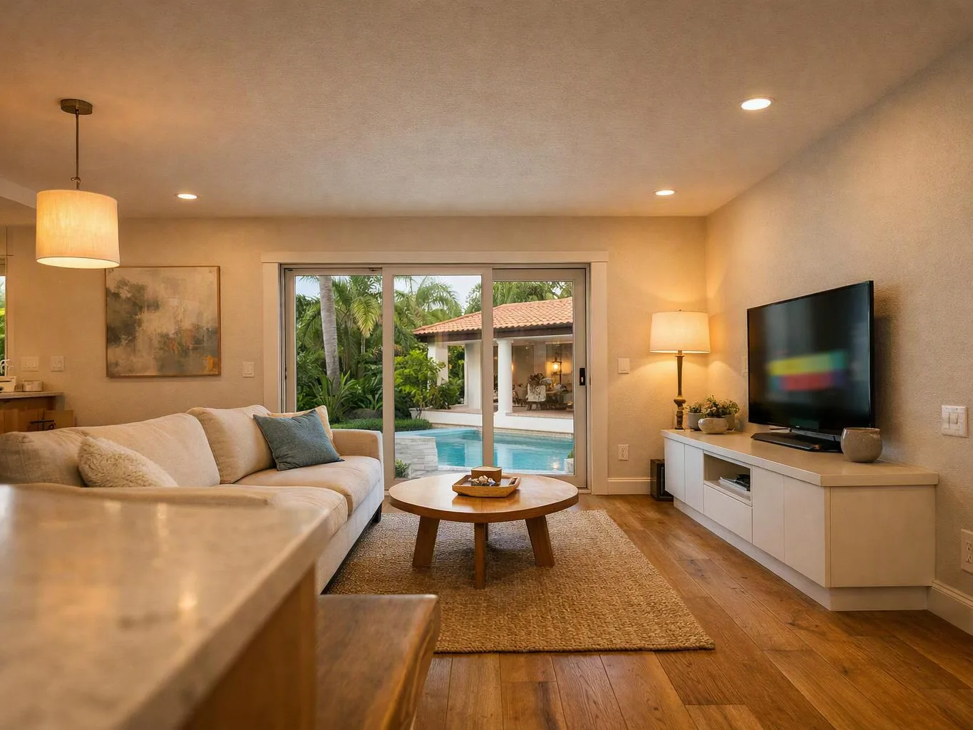 A cozy living room opens to a backyard pool through sliding glass doors, with a sofa, coffee table, and TV console inside