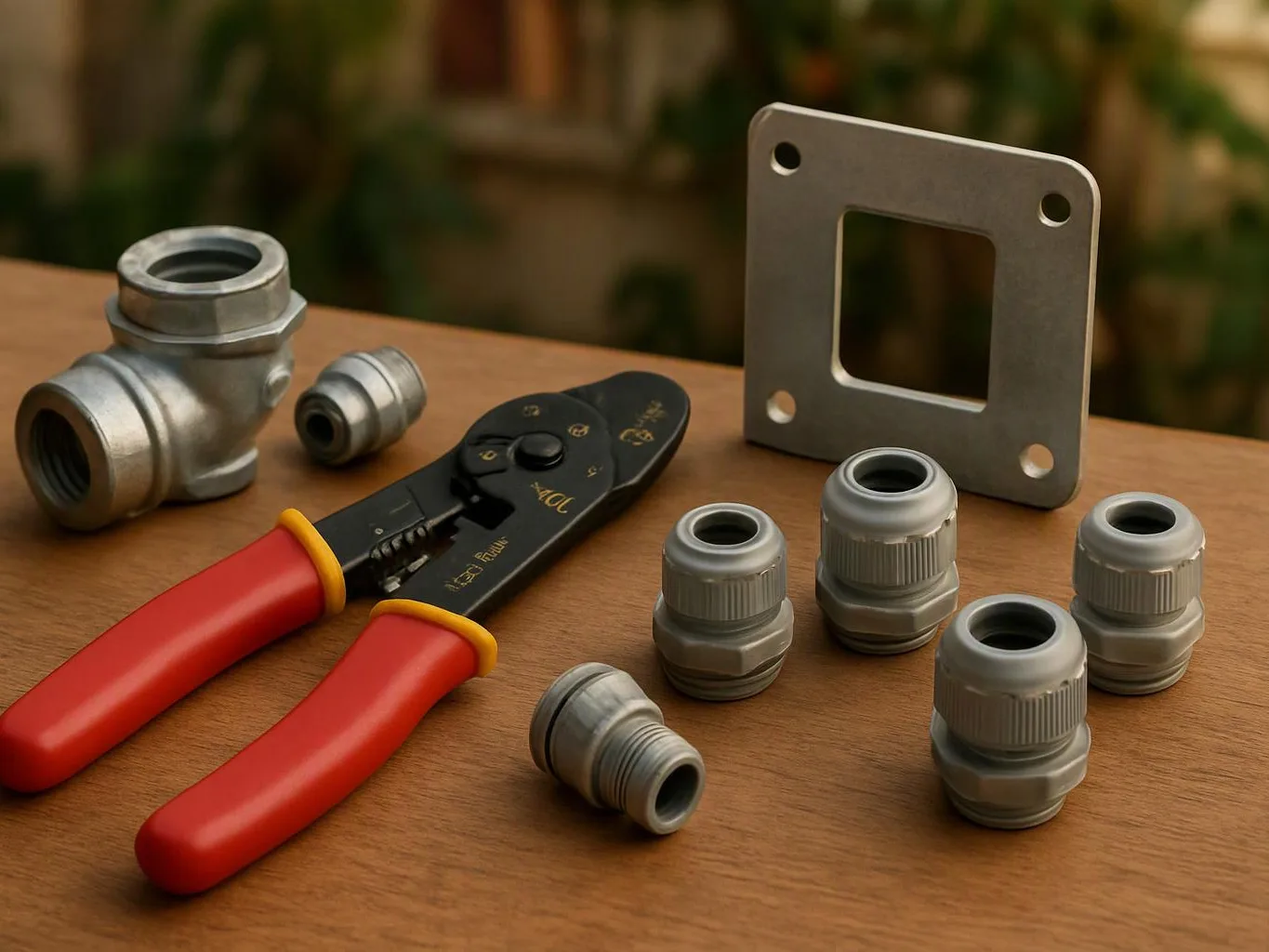 A crimping tool lies beside metal electrical fittings and a square mounting plate on a wooden table