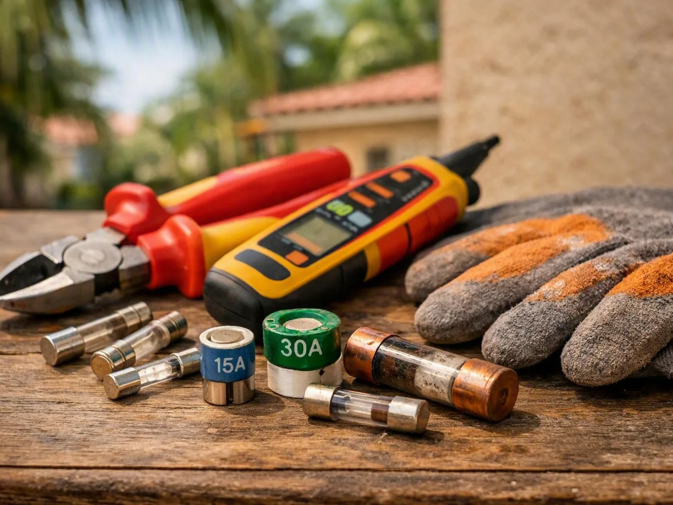 Electrical tools, fuses, and work gloves arranged on a wooden table outdoors