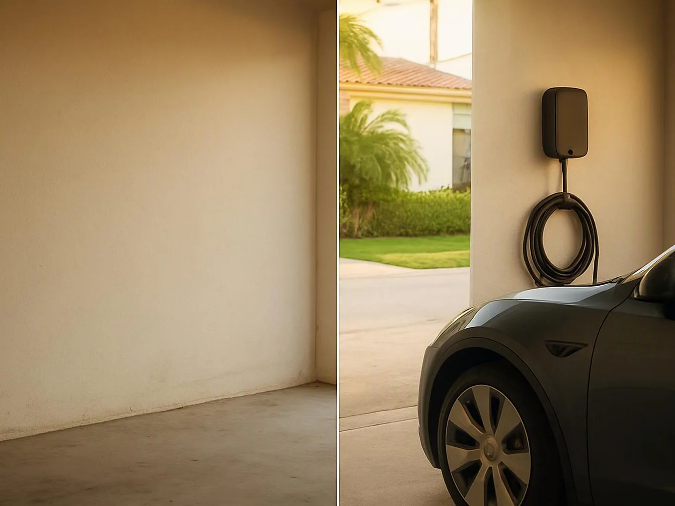 A dark car is parked in a garage beside a wall-mounted charging box with a coiled cable, and a sunny yard shows outside