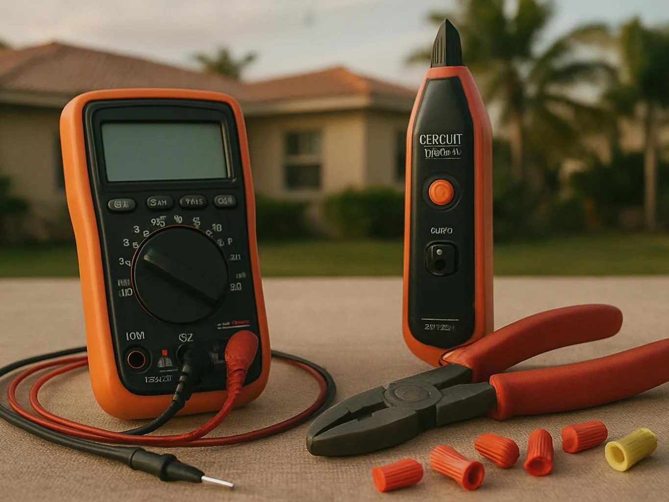 A digital multimeter, voltage tester, wire strippers, and wire nuts sit on a table outdoors in front of a house
