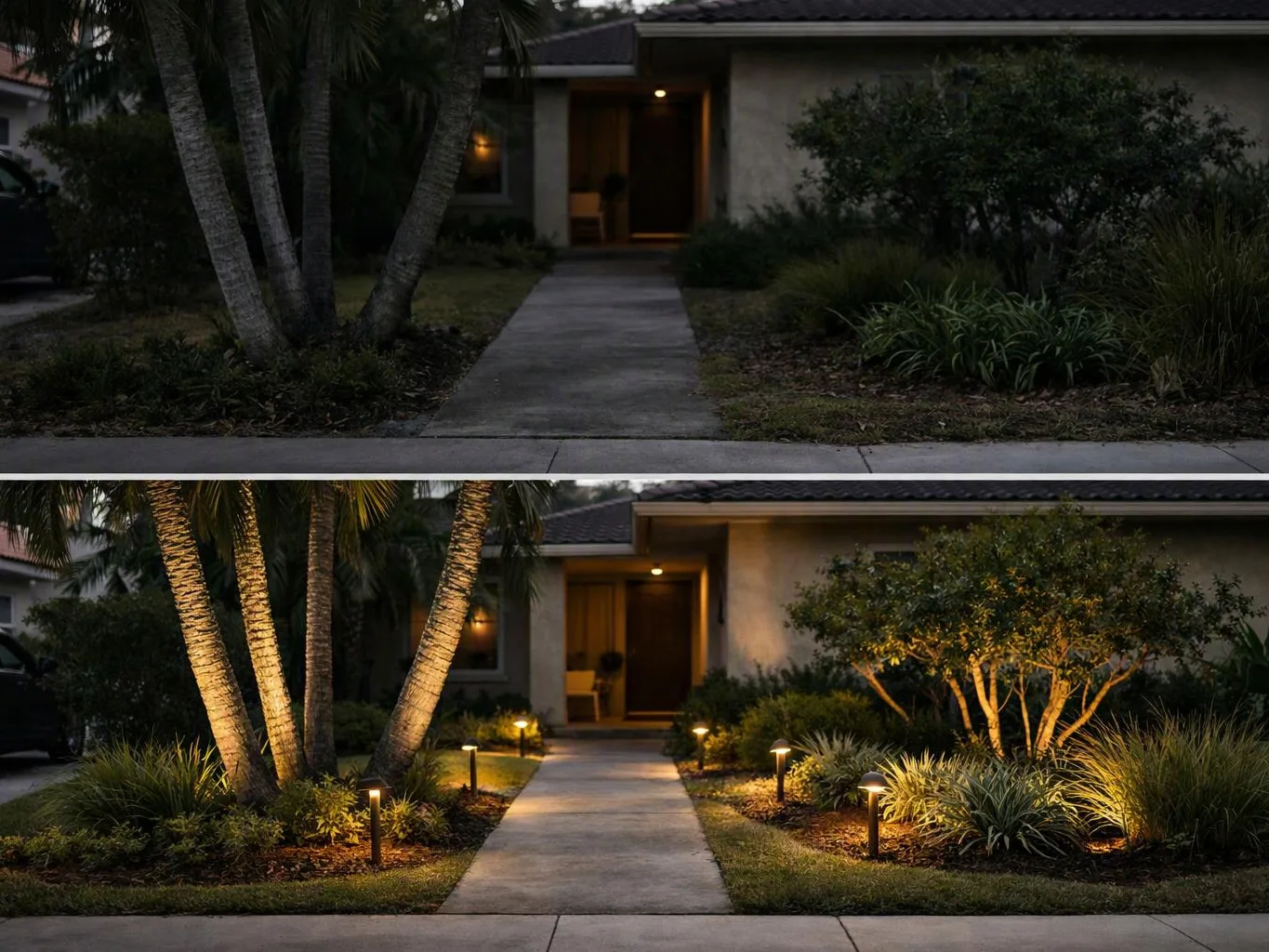 A dim house entry path appears above, and below the same path glows with landscape lights at dusk