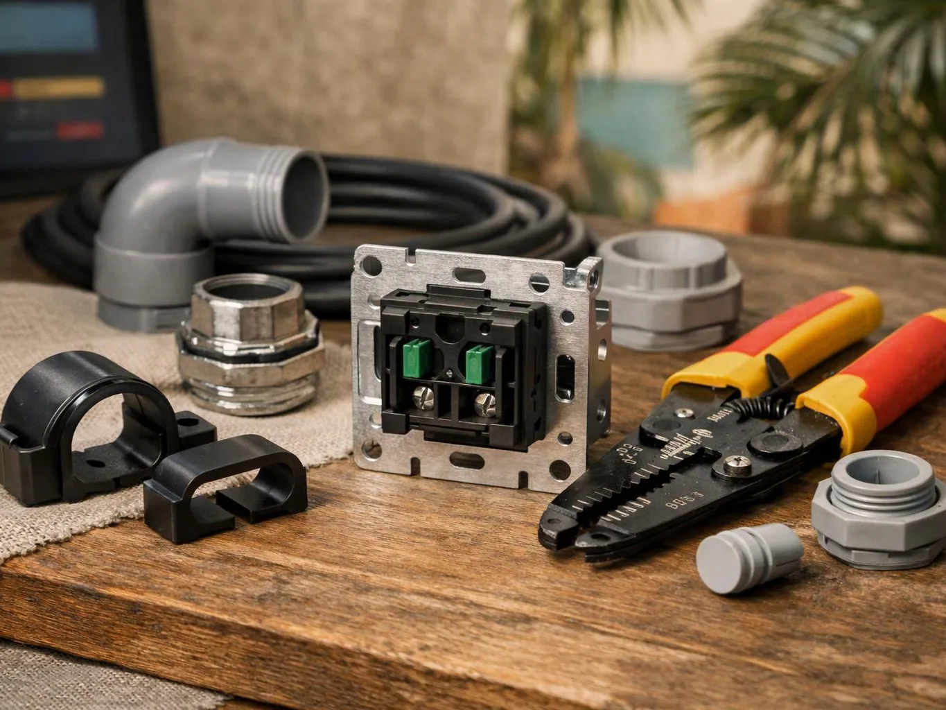 Electrical fittings and wire tools rest on a wooden workbench beside coiled cable and fittings