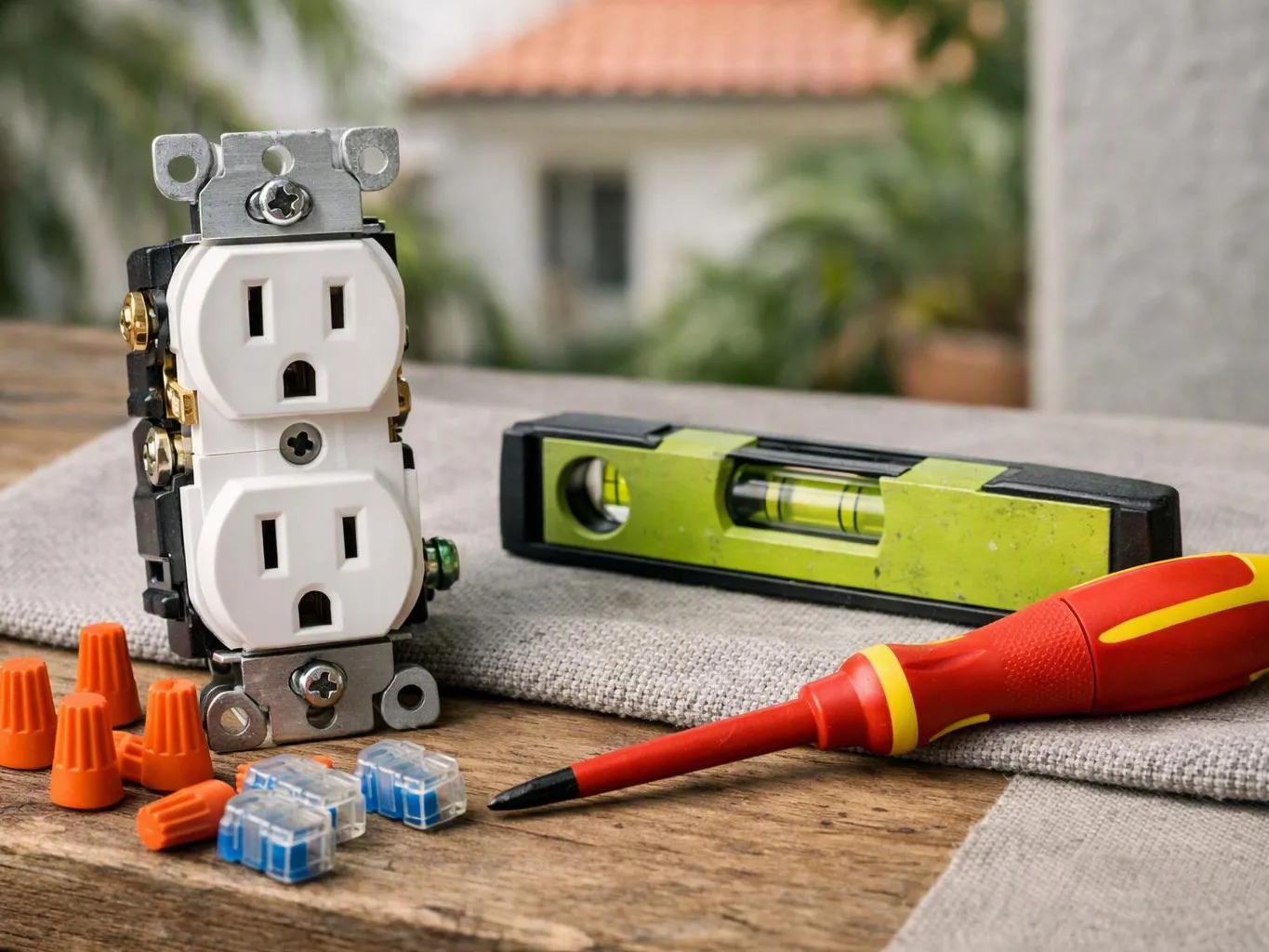An electrical outlet, bubble level, screwdriver, wire connectors, and wire nuts sit on a wooden surface outdoors