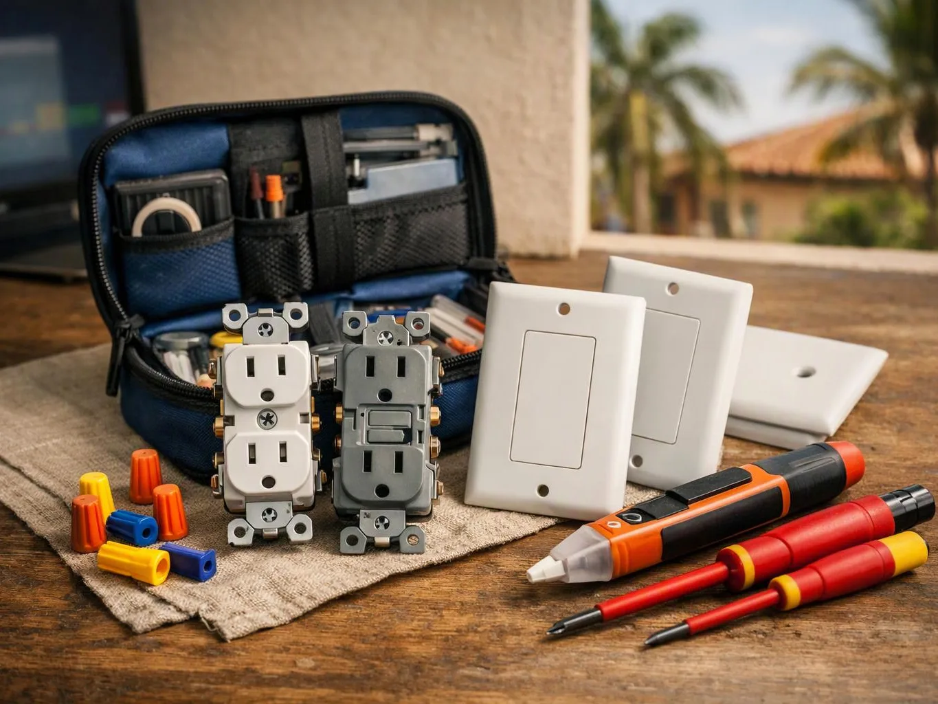 Electrical outlets, switches, wire nuts, and screwdrivers are arranged on a wooden table beside an open tool pouch