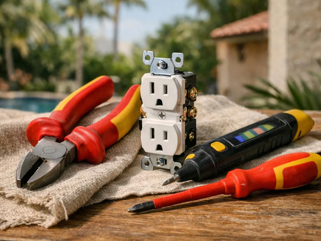 Electrical tools and a double outlet sit on a cloth-covered wooden table outdoors