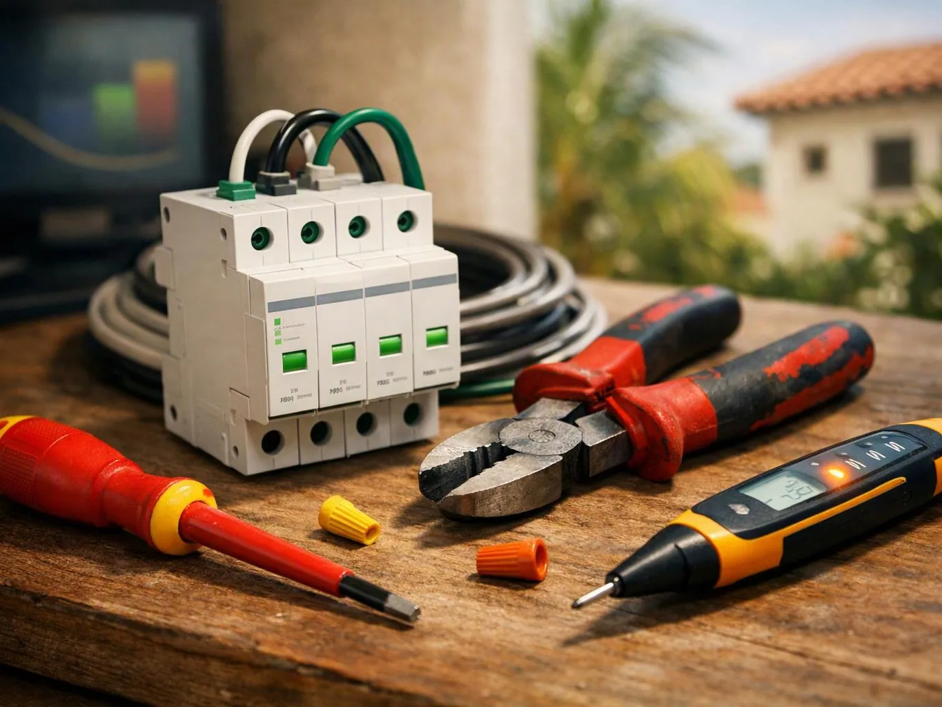 Electrical tools and a white circuit breaker sit on a wooden workbench outdoors