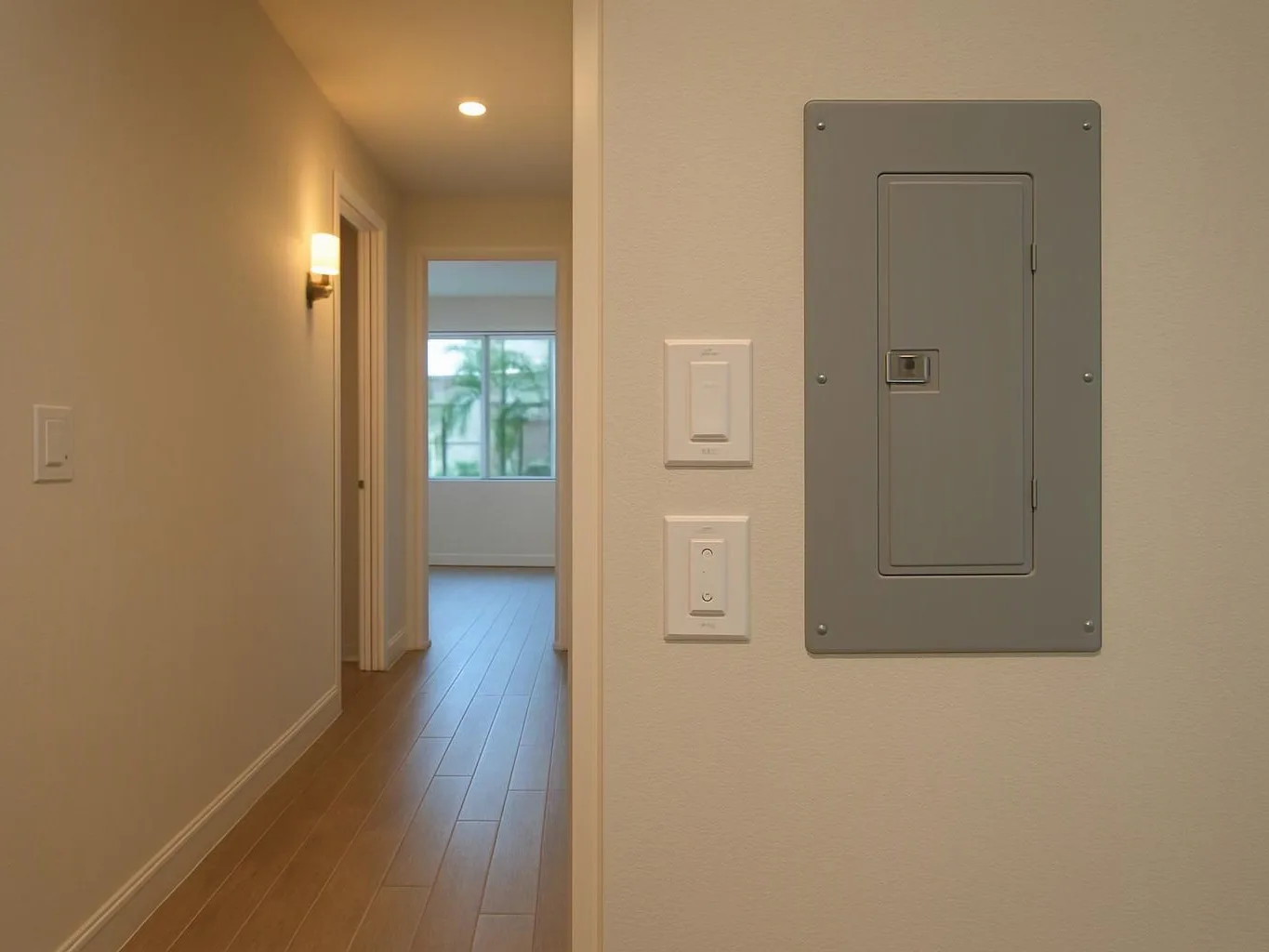 Empty hallway beside a gray electrical panel, with a lit doorway leading to a bright room and window