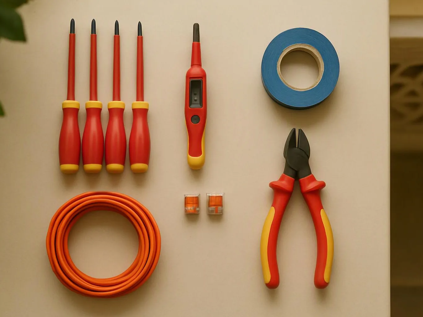 A flat lay of red-and-yellow hand tools, coiled orange cable, blue tape, and small connectors on a beige surface