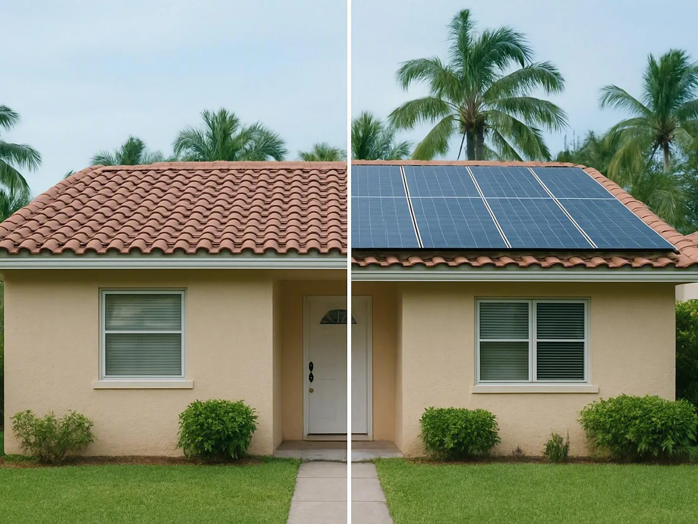 Split view of a beige house roof before and after solar panels are installed