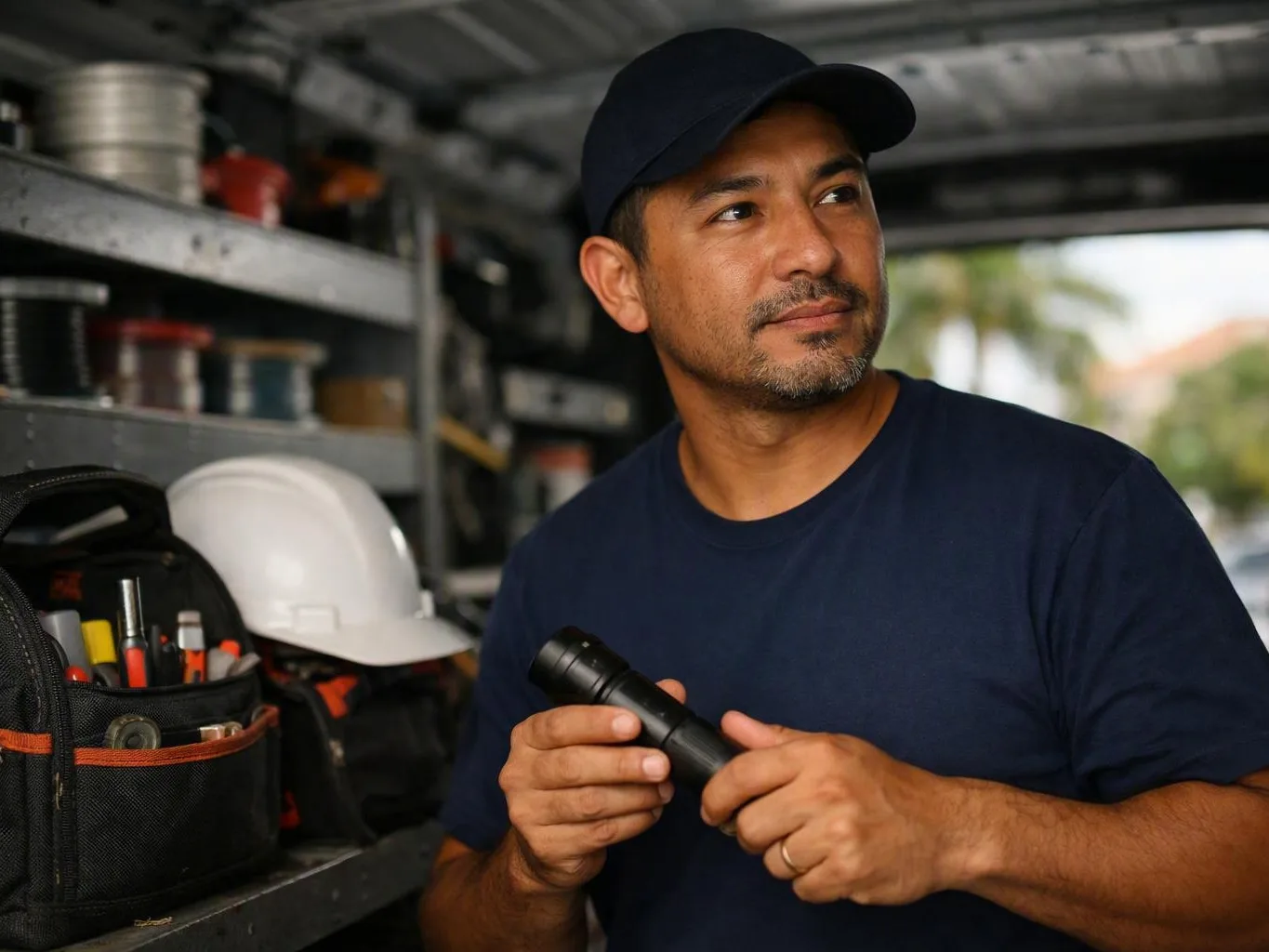 Electrician holds a flashlight inside a work van filled with tools and equipment