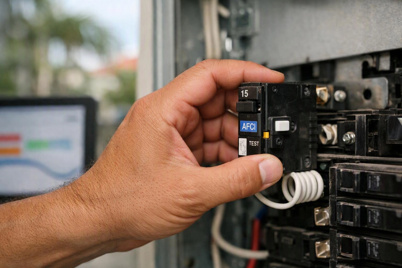 A hand installs a black AFCI circuit breaker inside an electrical panel with visible wiring
