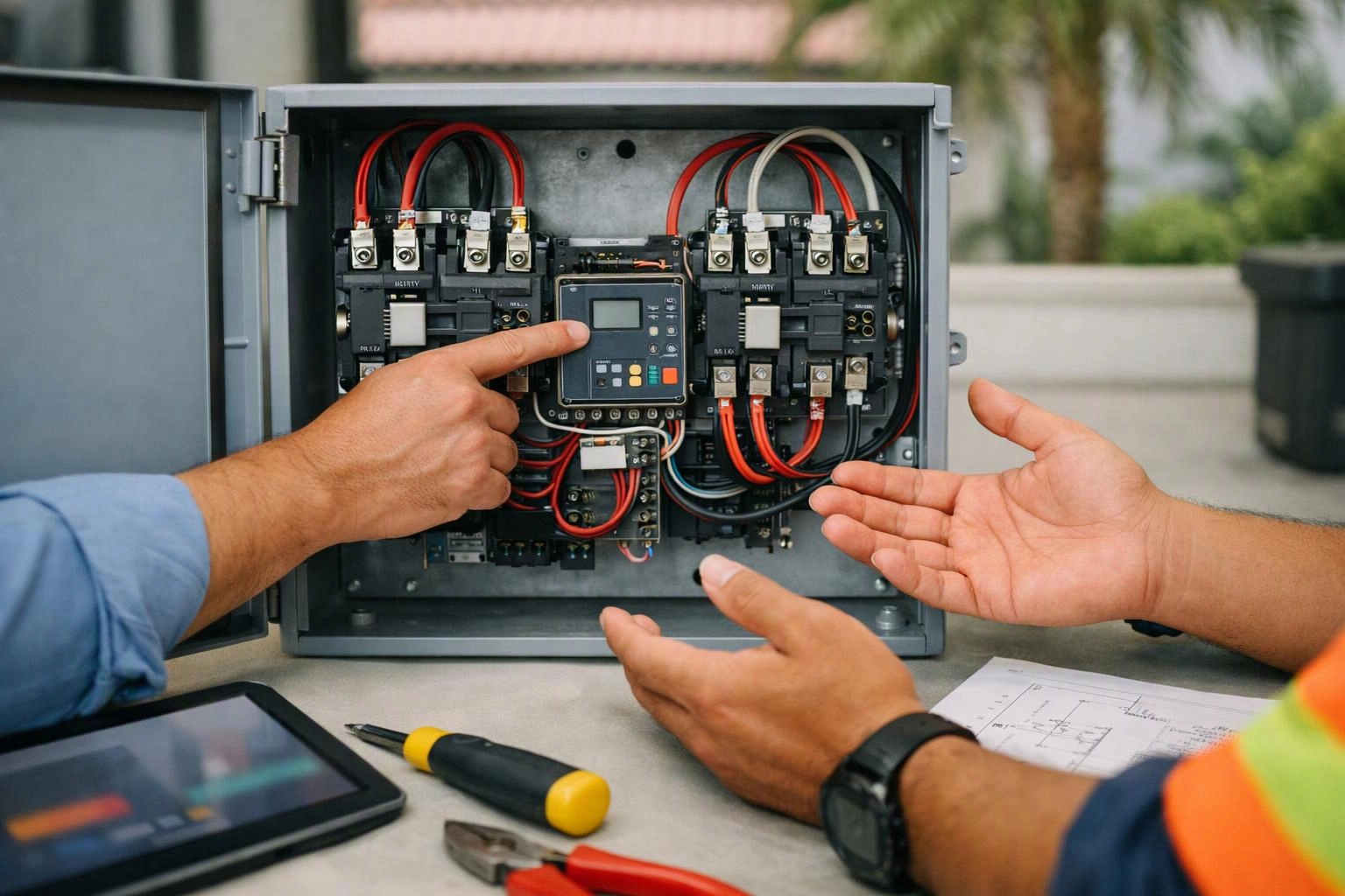 Two people point at open electrical control panels with red wires on a worktable outdoors