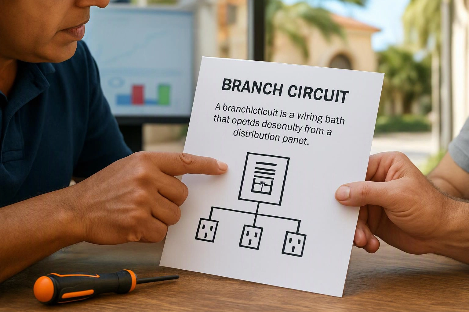 Two people hold a printed sheet about a branch circuit, with one pointing at the diagram on a table outdoors