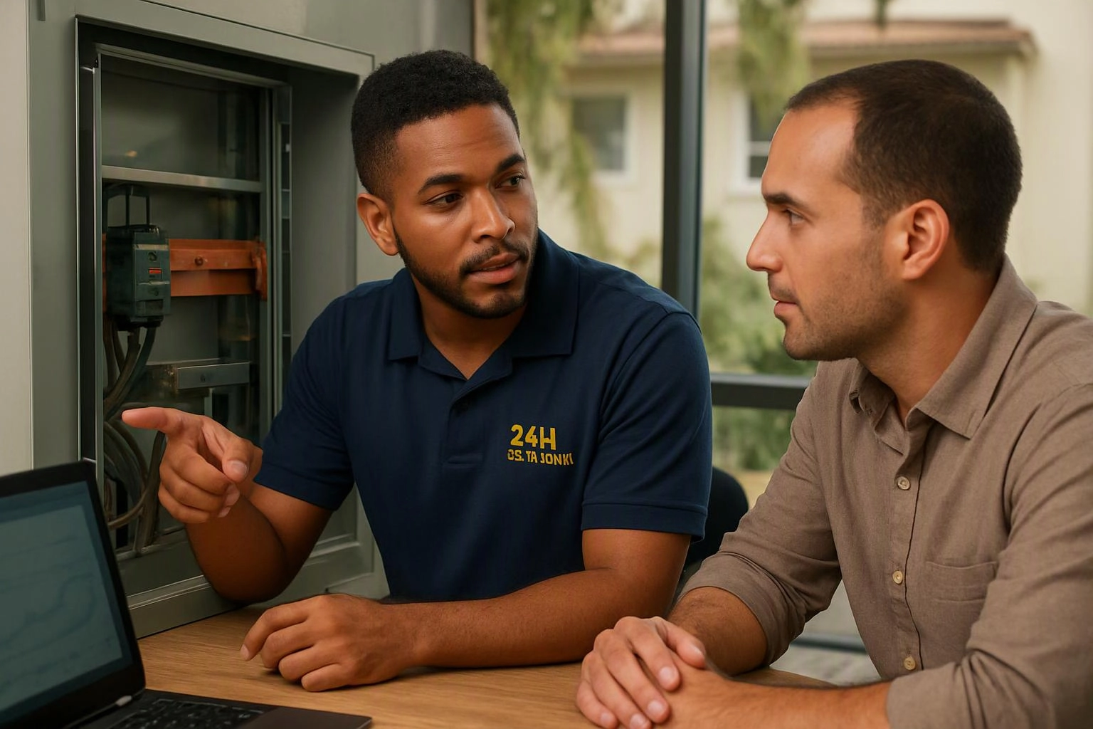 Two men talk beside an open electrical panel, one pointing at the wiring in a bright office setting