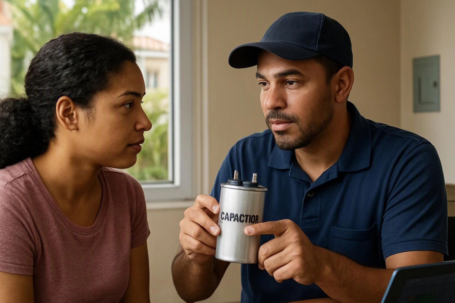 A man in a navy cap shows a metal capacitor to a woman sitting beside him indoors