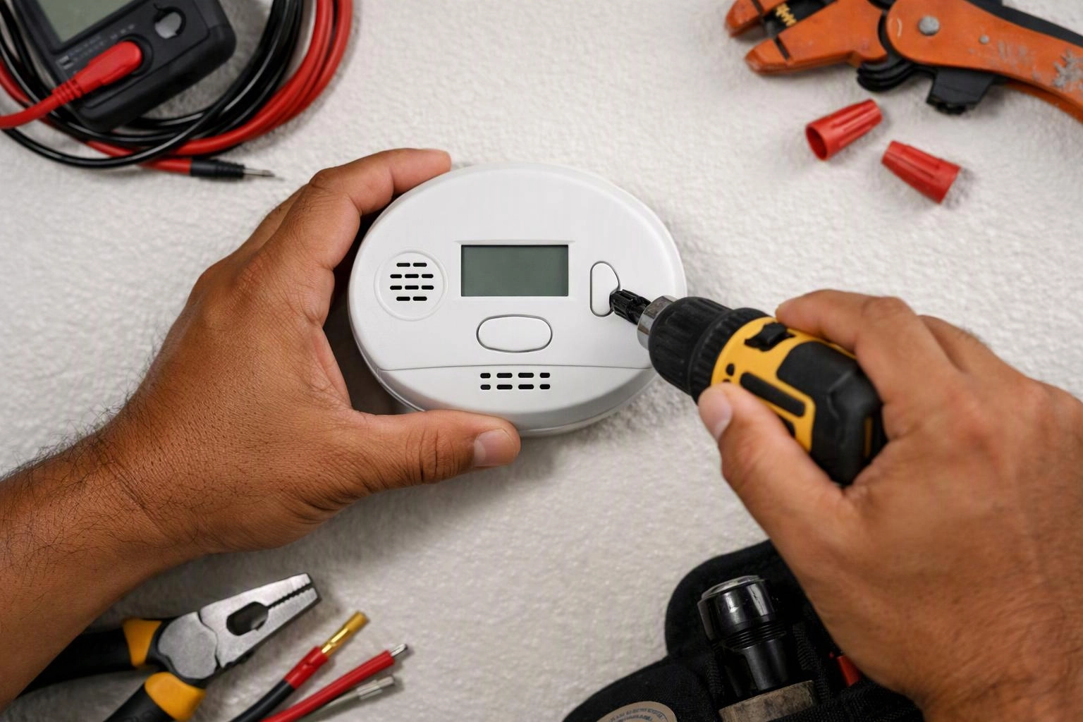Hands install a white smoke detector with a drill on a white surface, surrounded by electrical tools and wires