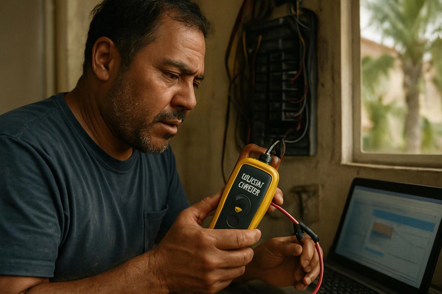 A man inspects a yellow electrical tester beside a laptop, with wiring and a window behind him