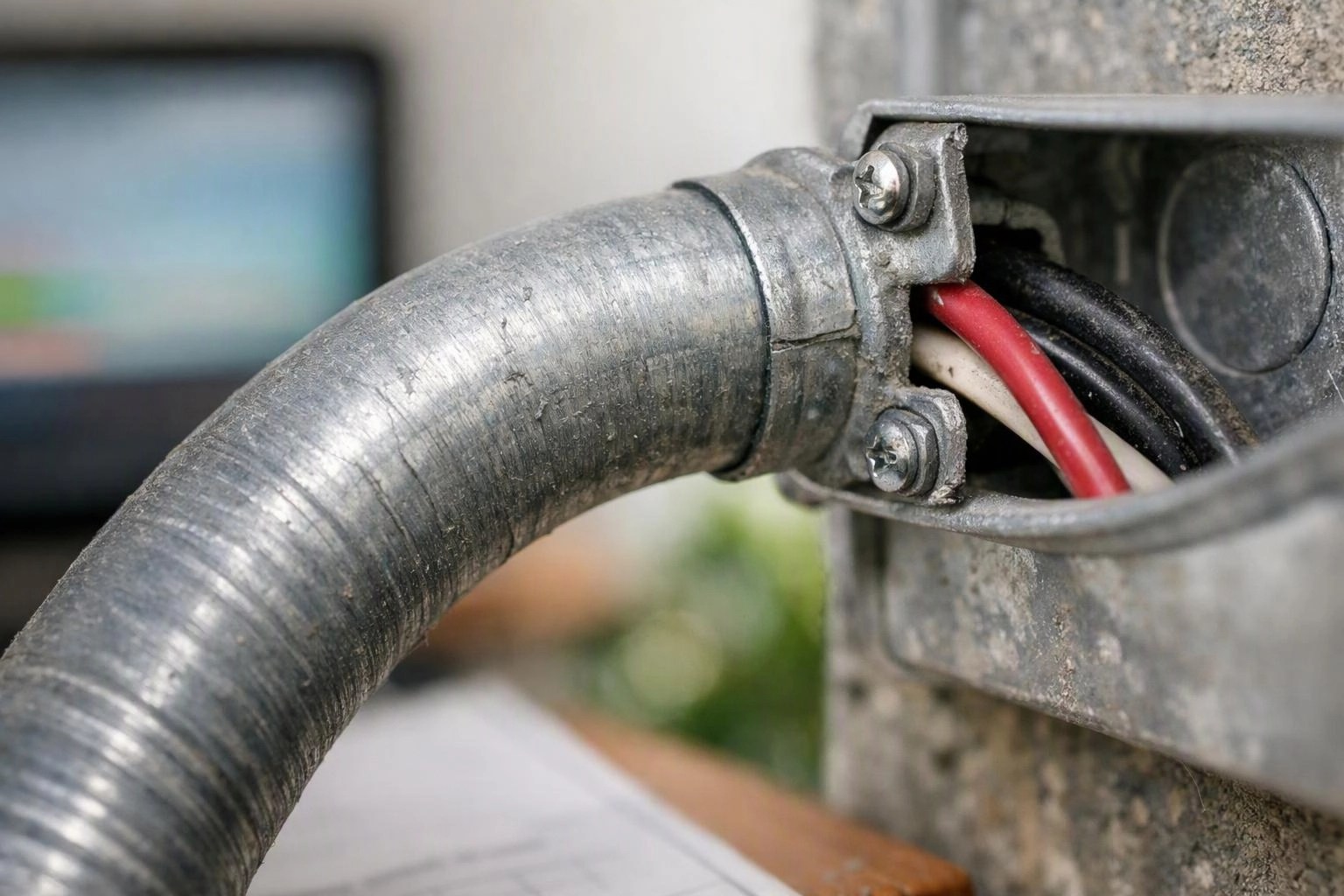 A metal conduit curves into a junction box with red, white, and black wires visible inside