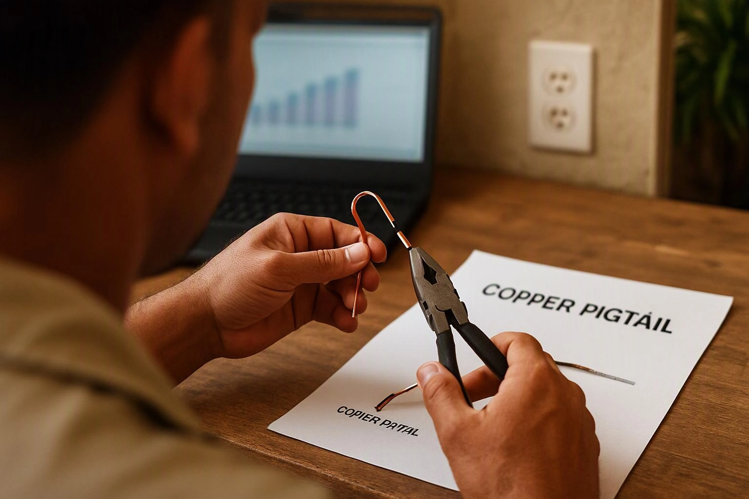 A person bends copper wire with pliers at a desk, with a laptop and paper labeled "COPPER PIGTAIL" nearby