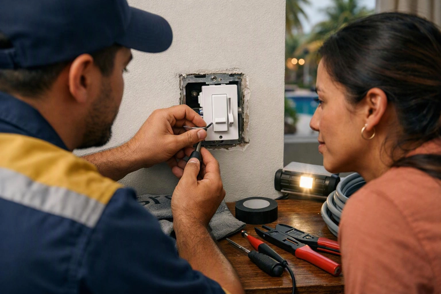 Two workers wire a wall light switch, with tools spread on a table beside them