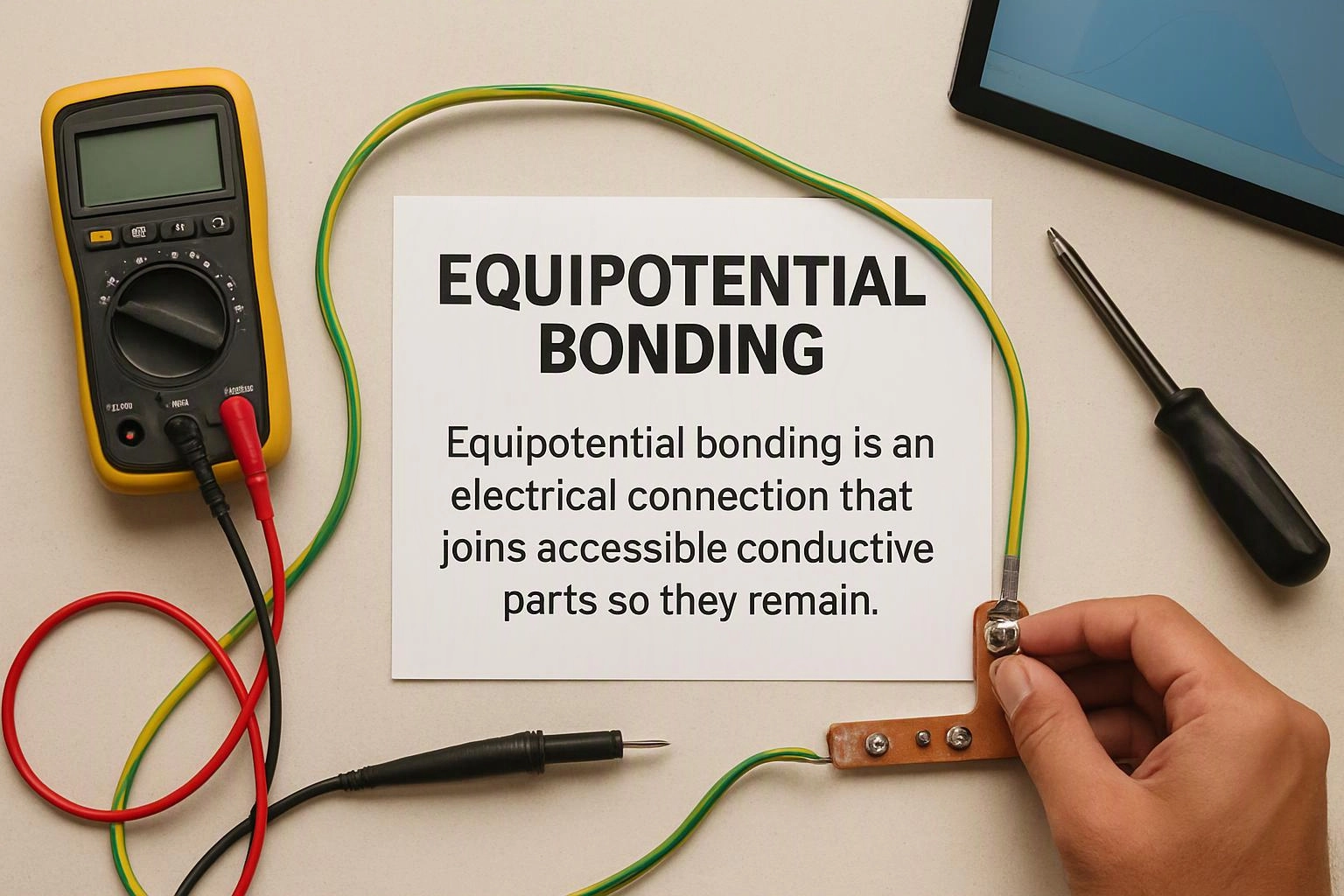 A hand fastens a green yellow wire to a copper strip beside a multimeter, screwdriver, and a card about equipotential bonding