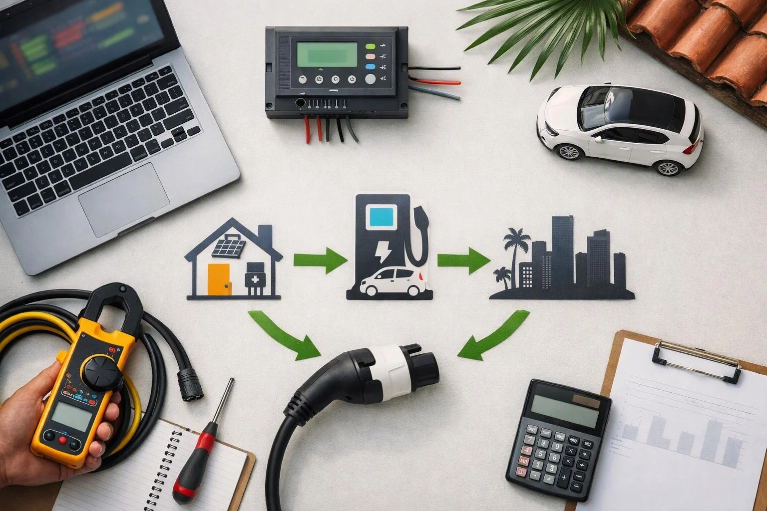 A tabletop layout shows an electric car charging diagram with tools, a laptop, a toy car, and a calculator around it