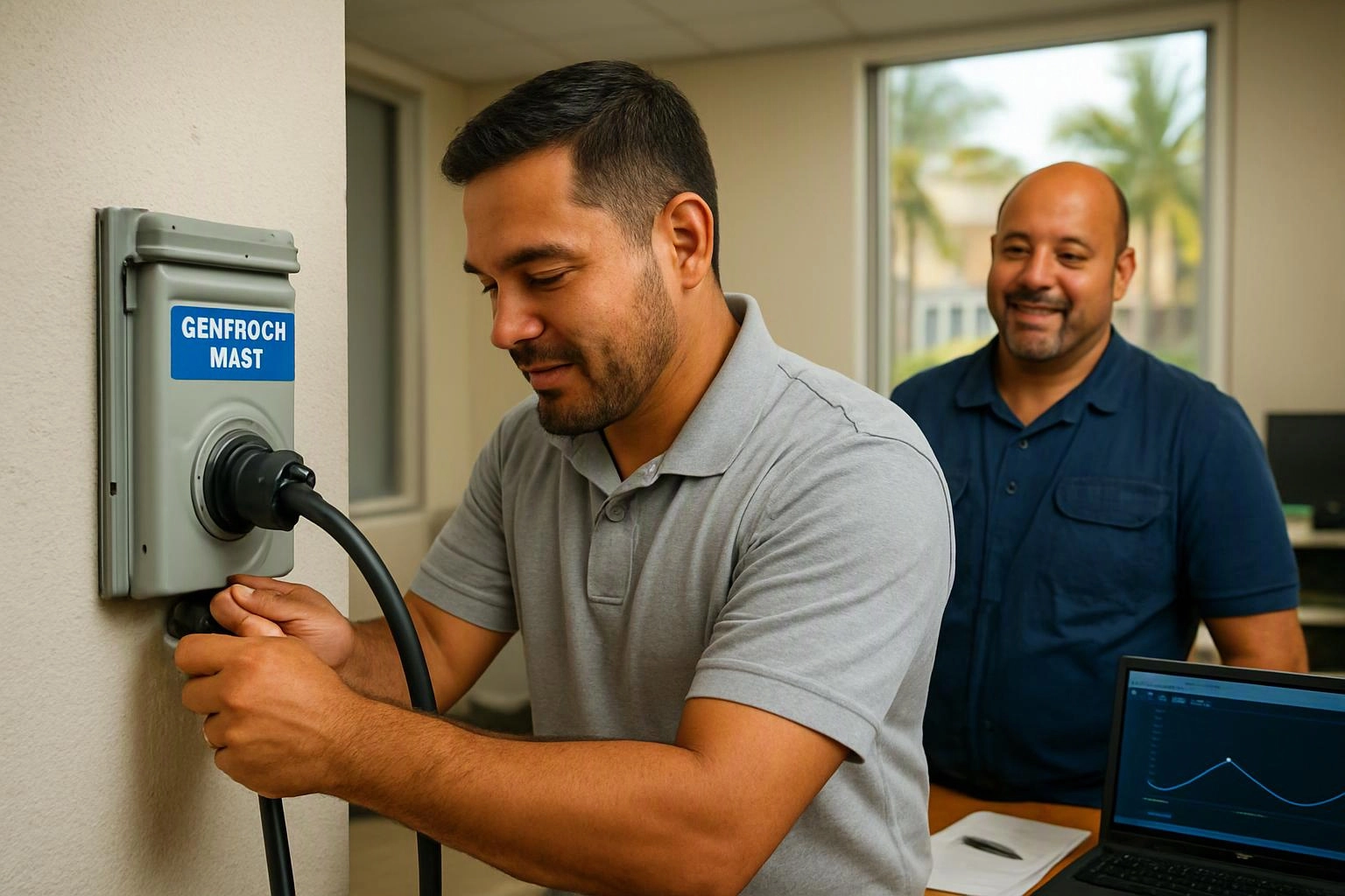 A man plugs a thick cable into a wall-mounted box while another man watches in a bright office room