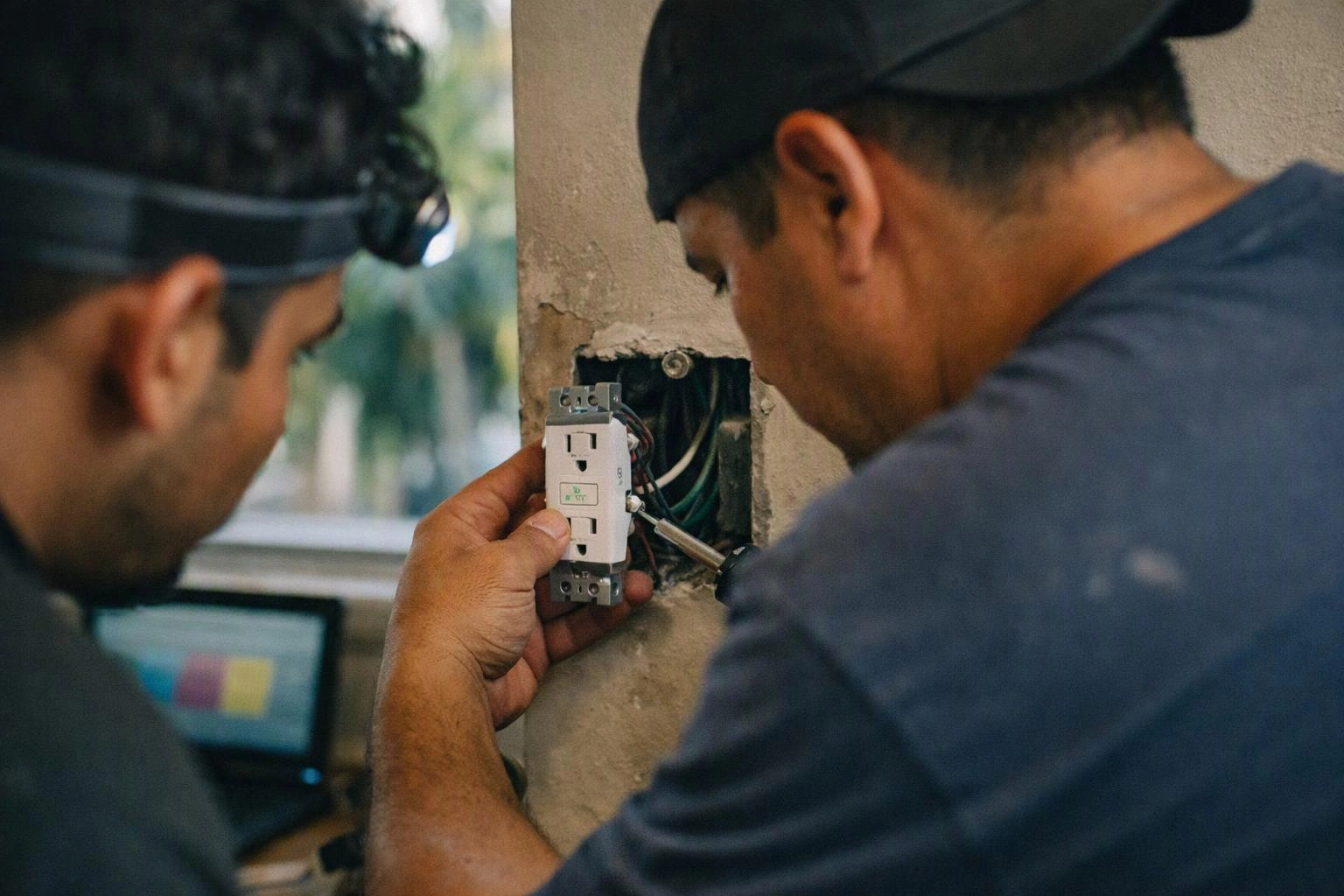 Two workers install an electrical outlet in a wall opening inside a room