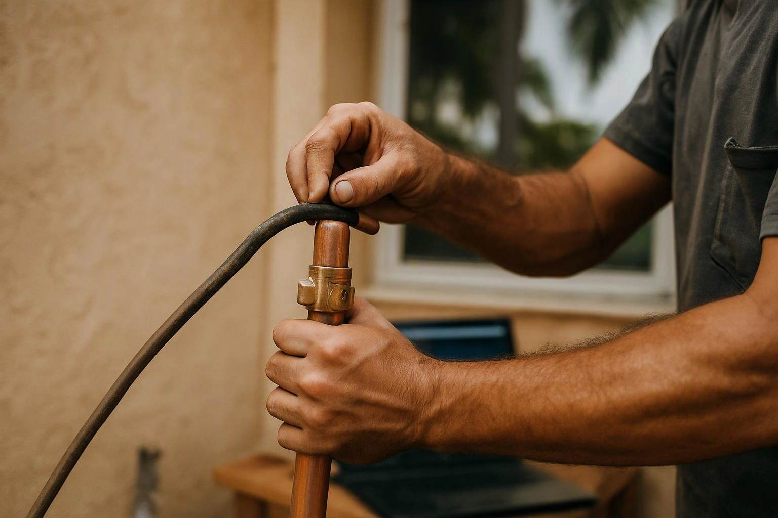 A person grips a copper pipe and black hose outside a beige house wall
