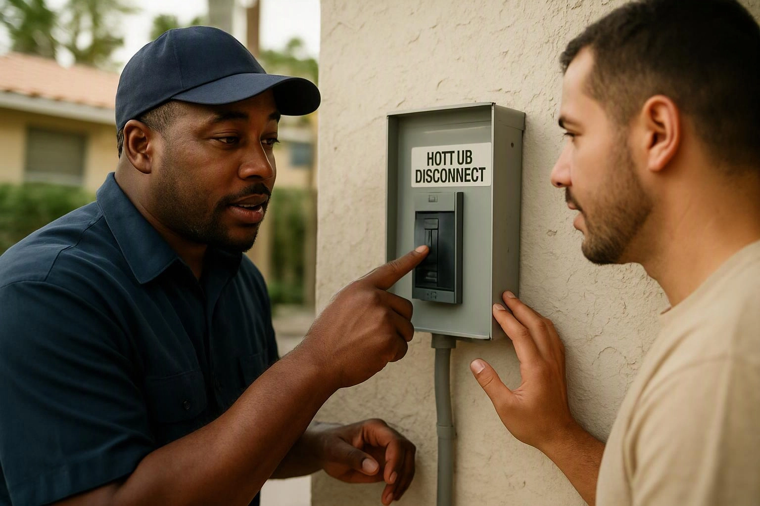 Two men inspect a hot tub disconnect box mounted on an exterior wall outdoors