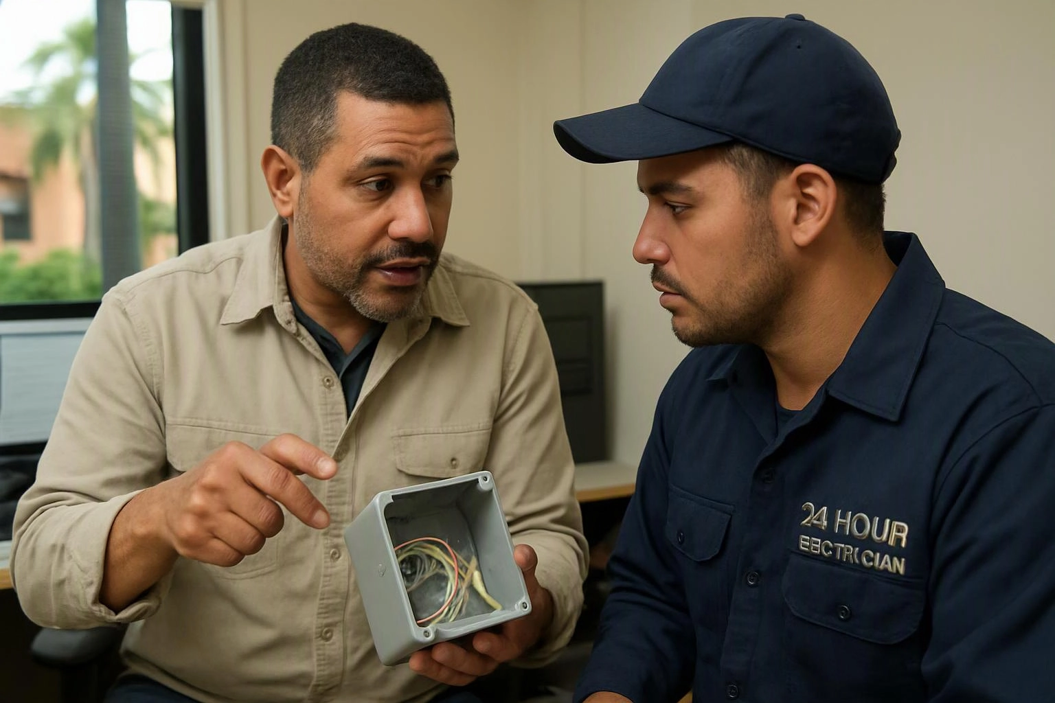 Two men discuss exposed wiring in a small electrical box inside a bright office room