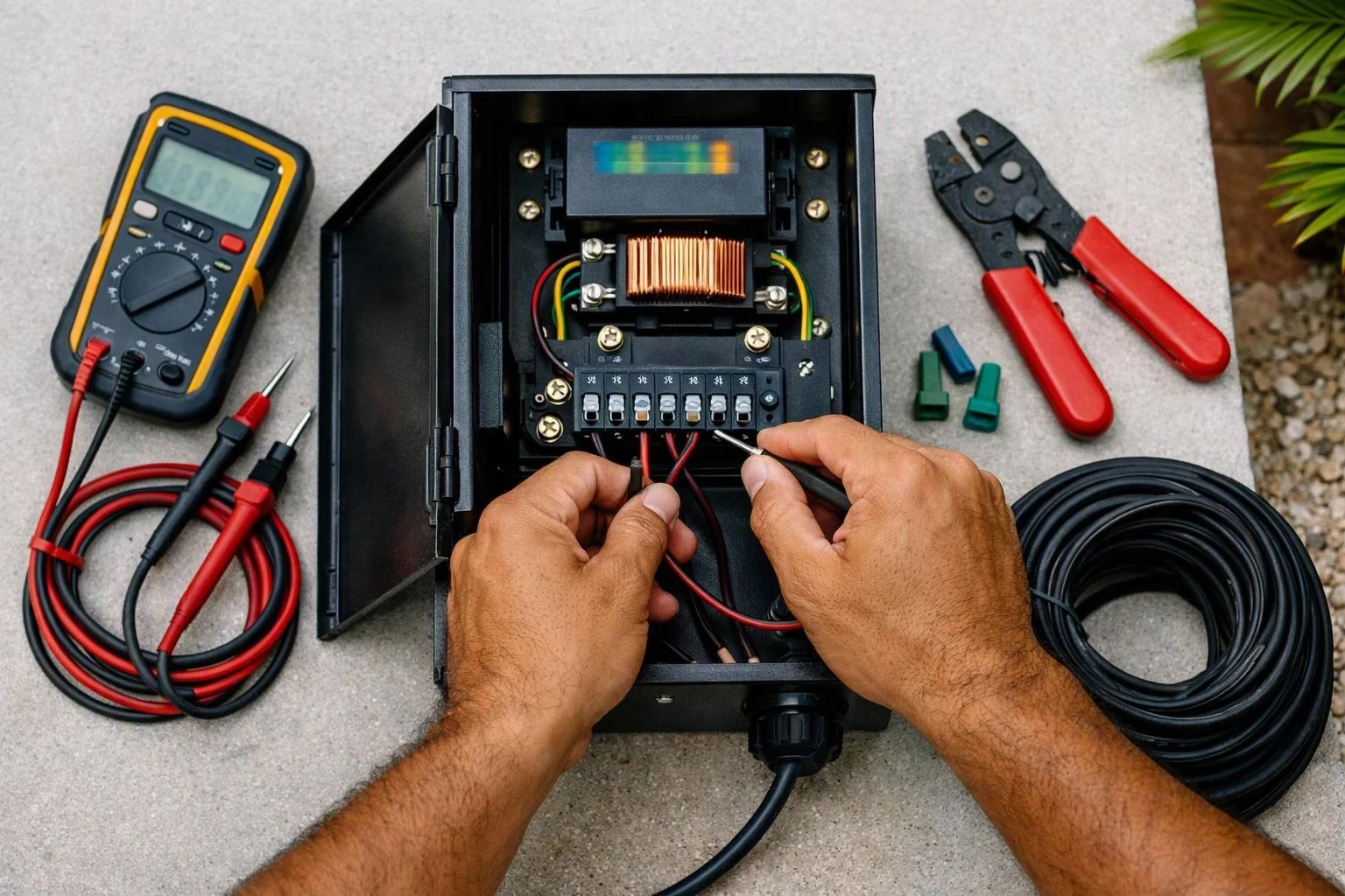 Hands wire a black electrical control box beside a multimeter, pliers, and coiled cables on a concrete surface