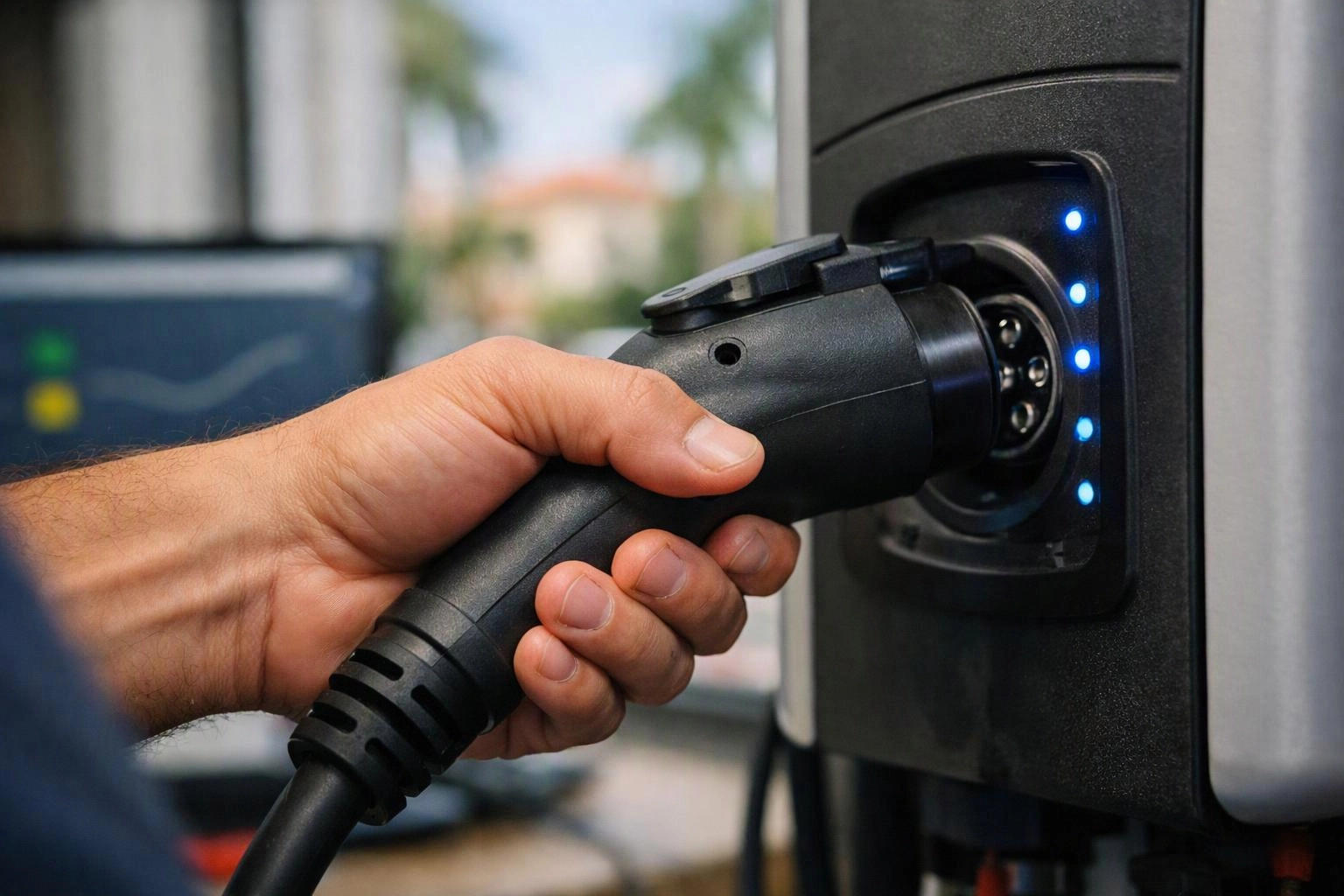 A hand plugs a black charging connector into an electric vehicle port with blue indicator lights