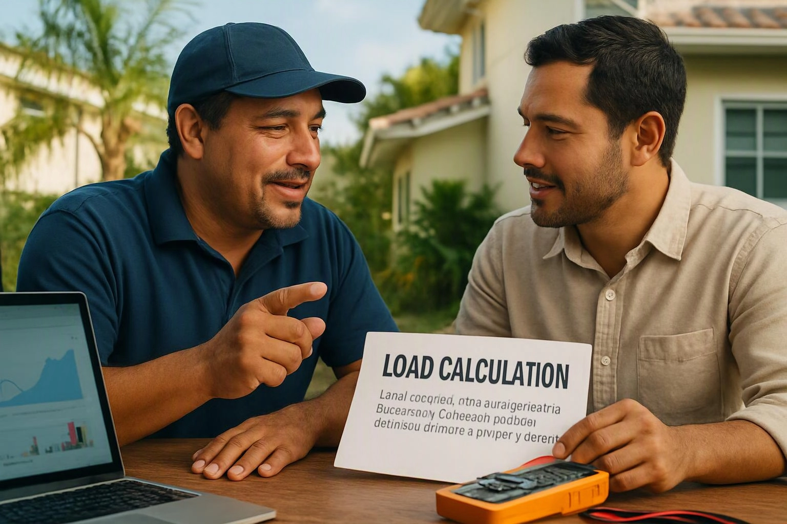 Two men talk at a table outdoors, with a laptop, calculator, and a card labeled load calculation in front of them