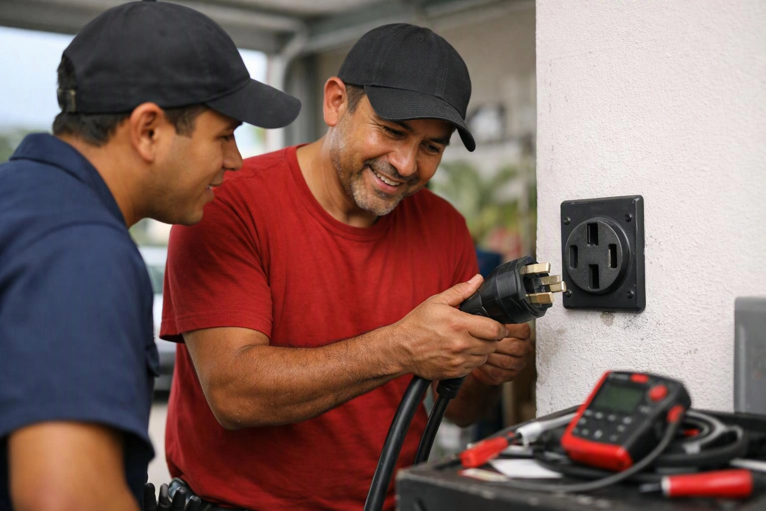 Two men in caps inspect a large electrical plug at a wall outlet indoors
