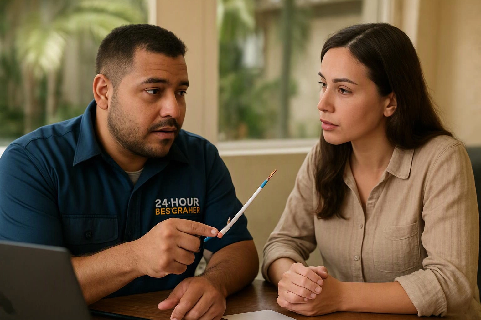Two people sit at a table, one holding a pen while they talk in a bright room
