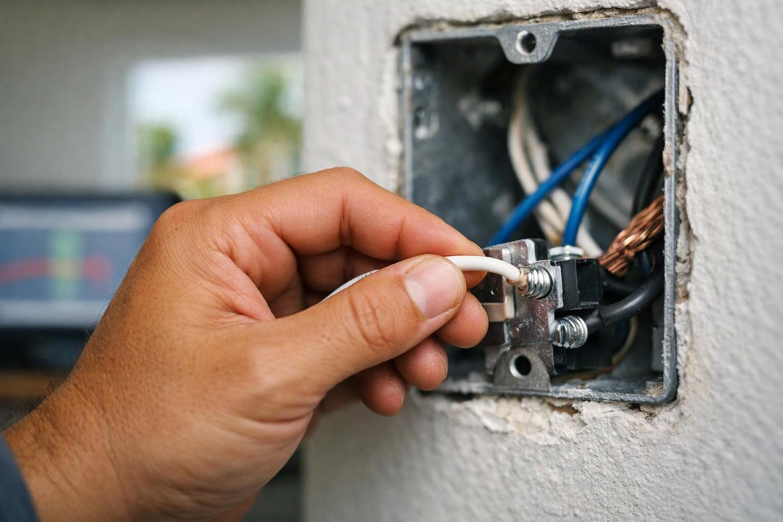 A hand connects a white wire to a wall electrical box with exposed wiring