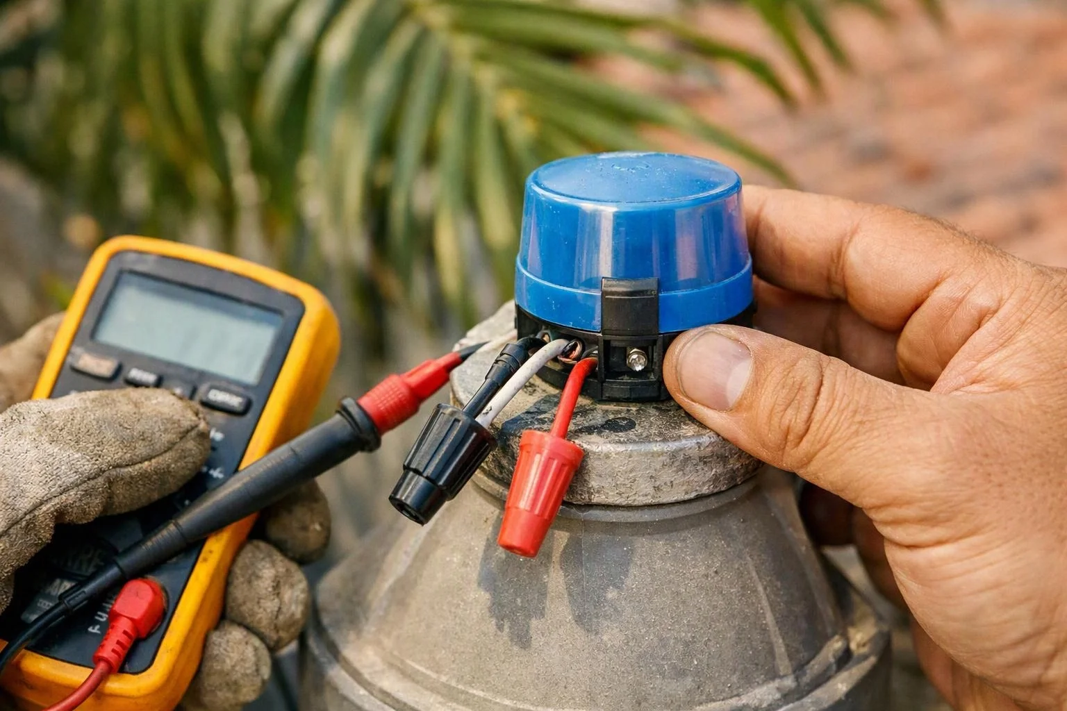 Hands test a blue electrical component on a metal fixture with a multimeter outdoors