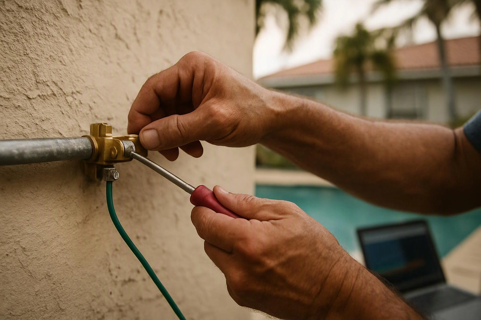 A man tightens a brass pipe fitting on a stucco wall with a screwdriver beside a pool and laptop