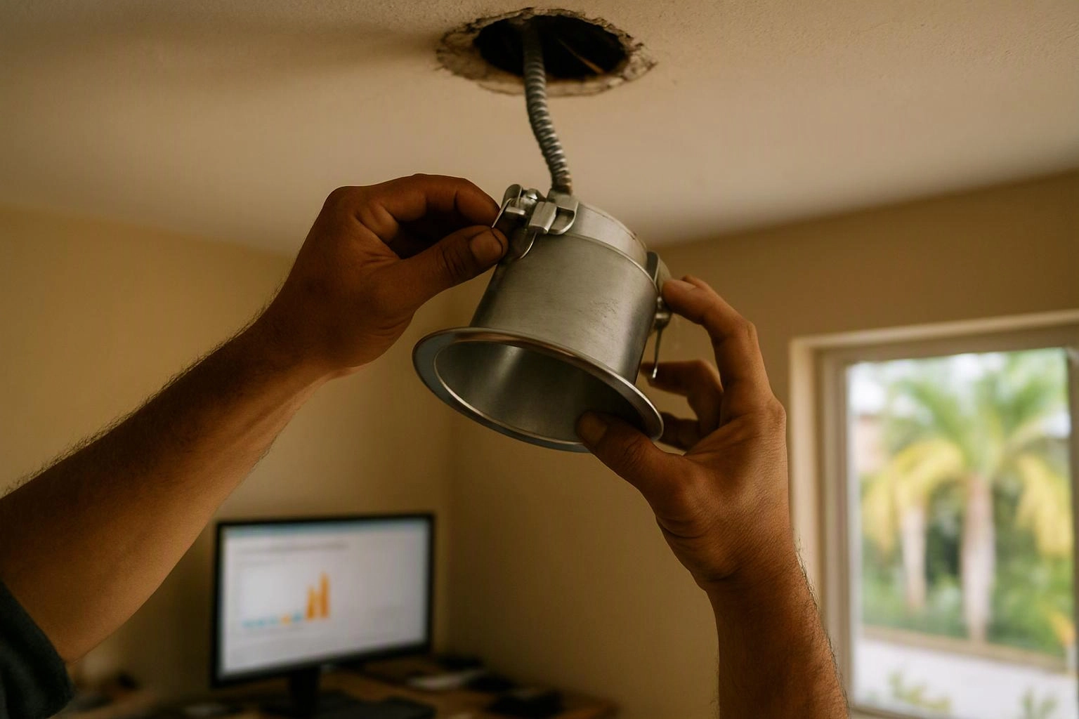 Hands install a recessed ceiling light fixture inside a beige room with a window and monitor in the background