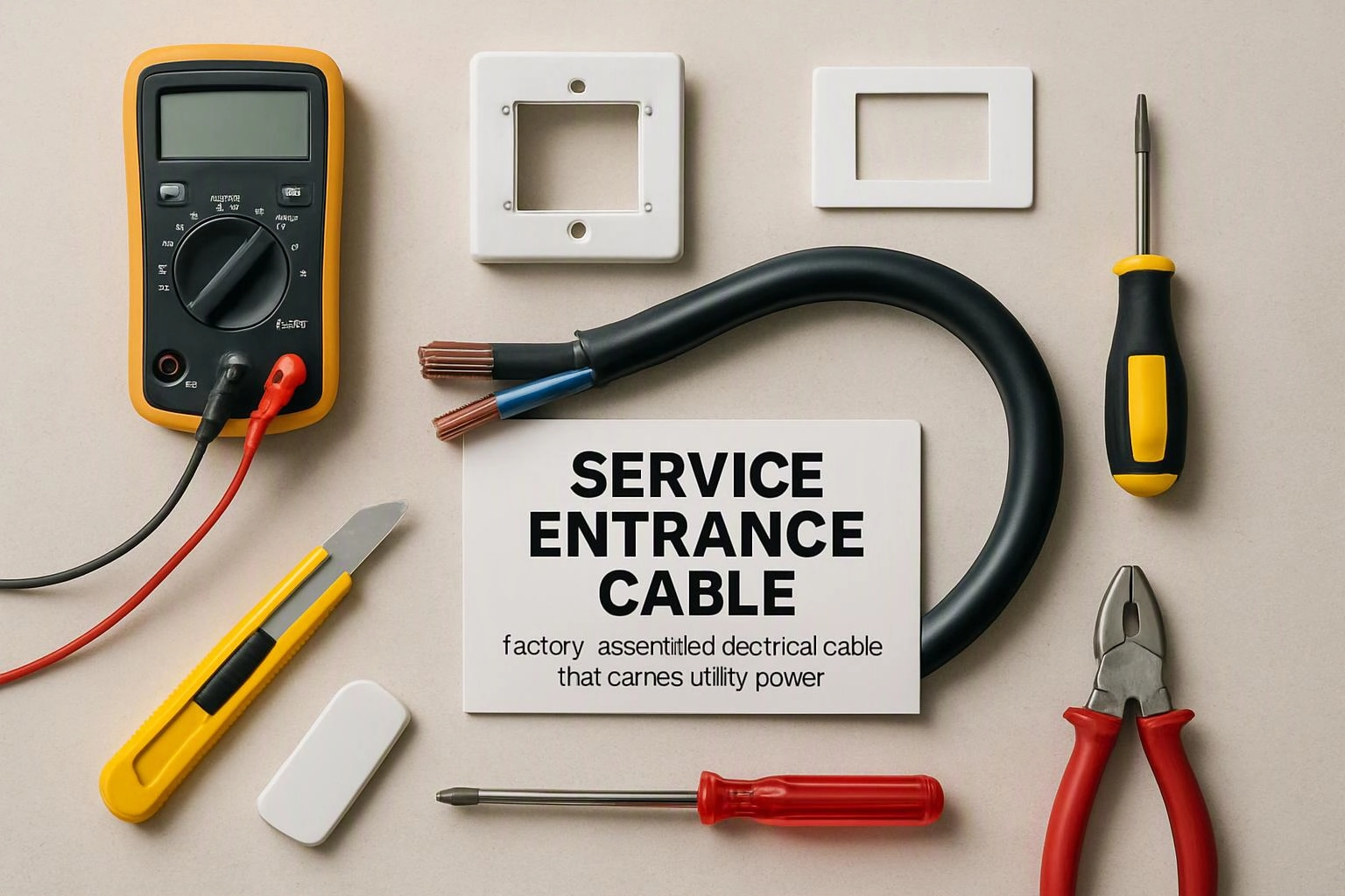 Electric tools and cable parts surround a labeled card on a beige surface