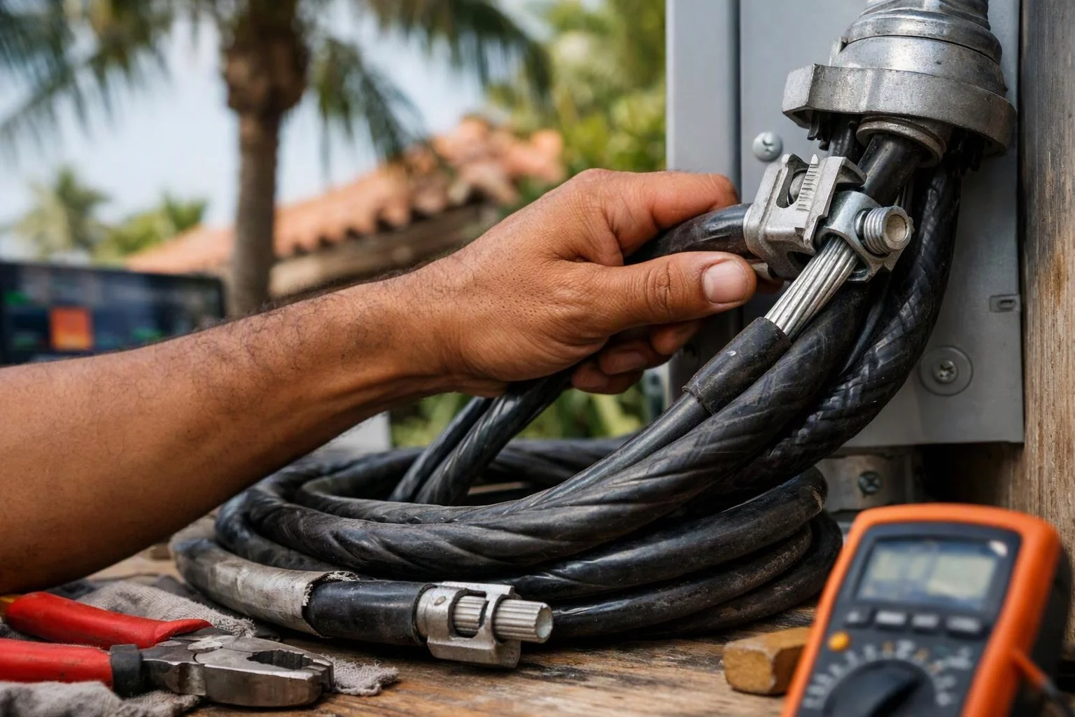 A hand holds a thick black cable near a metal connector beside pliers and a multimeter outdoors