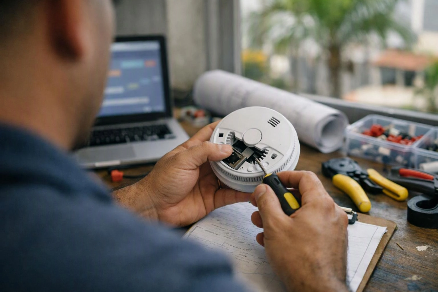 A person repairs a round white device with a screwdriver at a cluttered workbench near a laptop and tools
