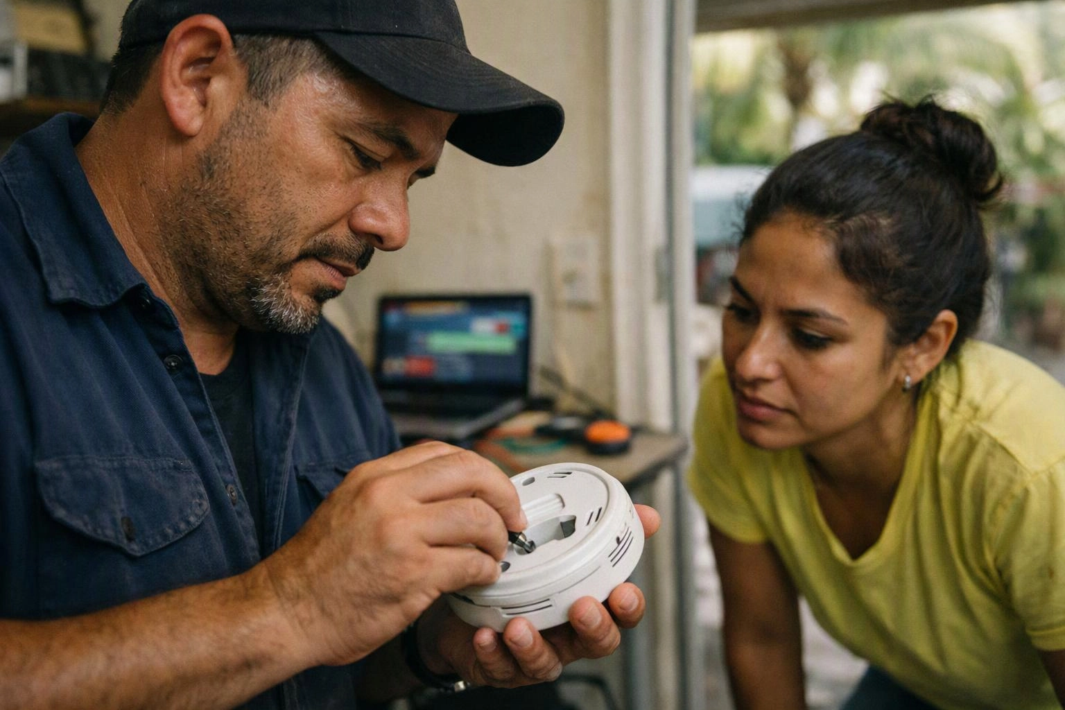 A man shows a small white device to a woman in a home doorway, with a laptop in the background