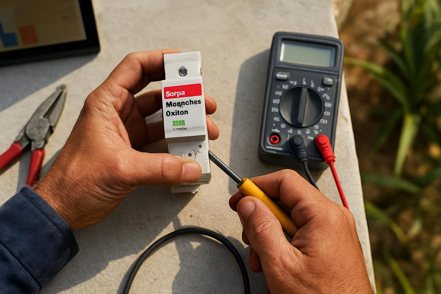 Hands test a small electrical device with a screwdriver beside a multimeter on a sunlit work surface