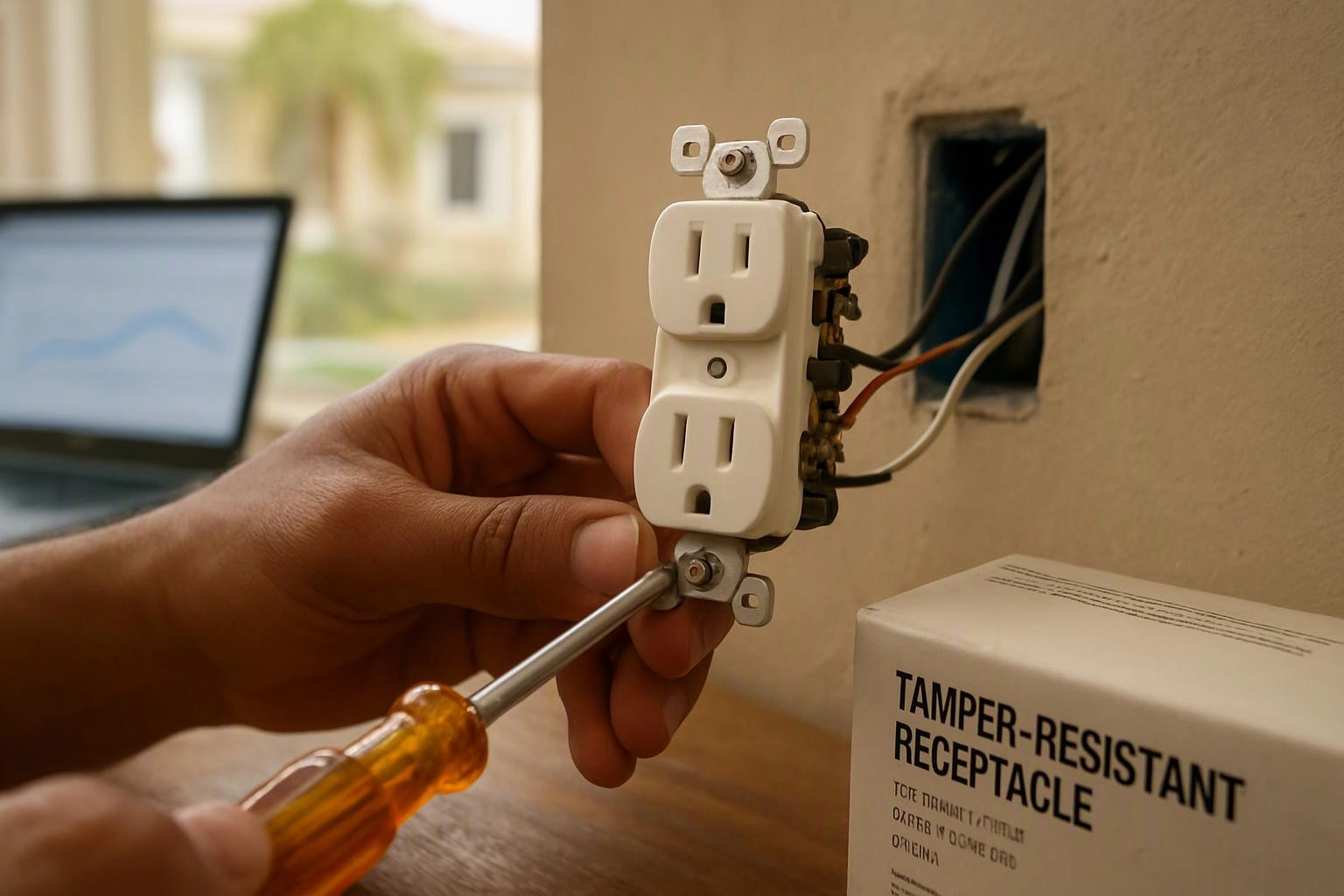 A hand installs a white electrical outlet with a screwdriver beside an open wall box and product packaging